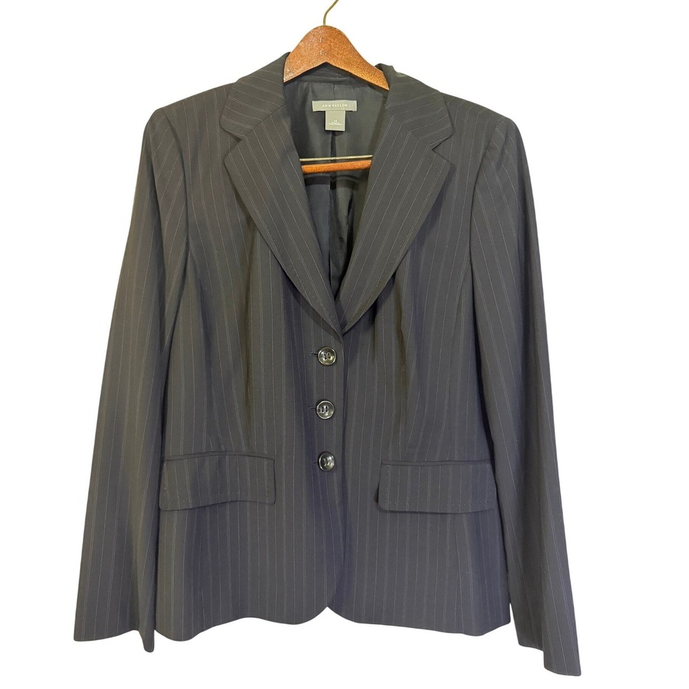 Ann Taylor Pinstripe Blazer Women 14 Navy Blue Wool Dark Academia Corporate